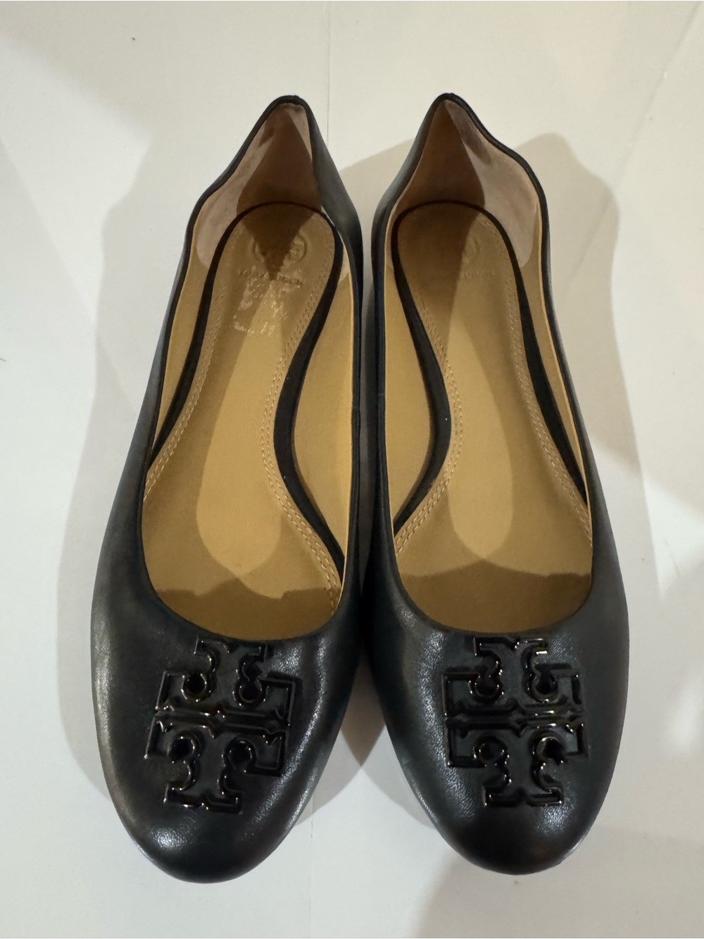 Tory Burch Black Leather Logo Round-Toe Ballet Flats Size 8.5